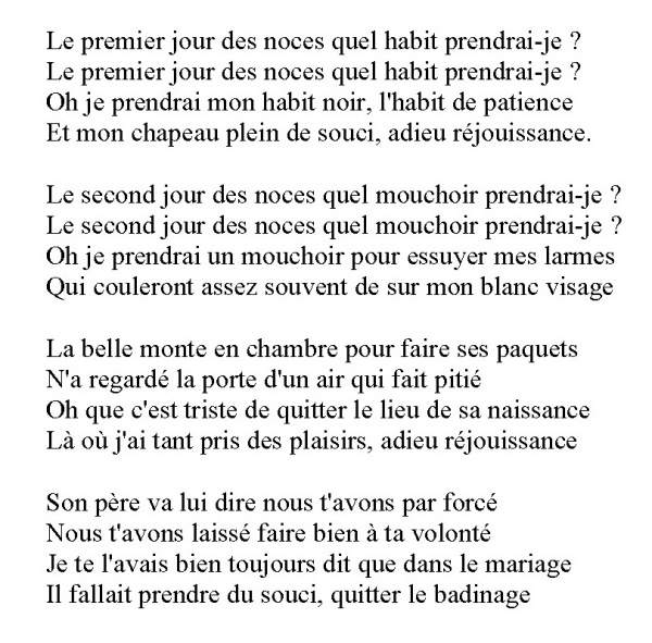 Le premier jour des noces - paroles