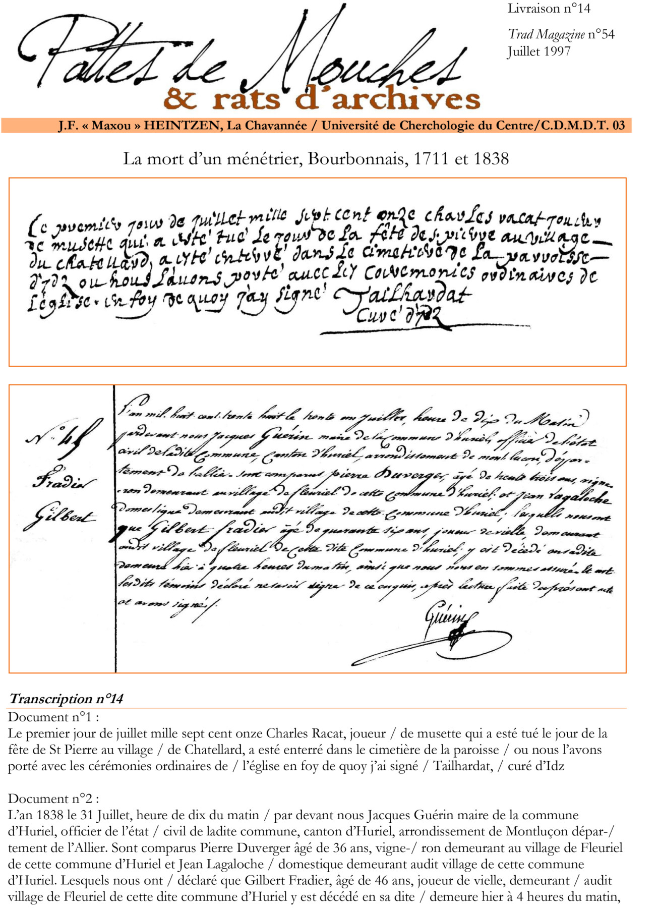 PDM14 – La mort d’un ménétrier, Bourbonnais, 1711 et 1838