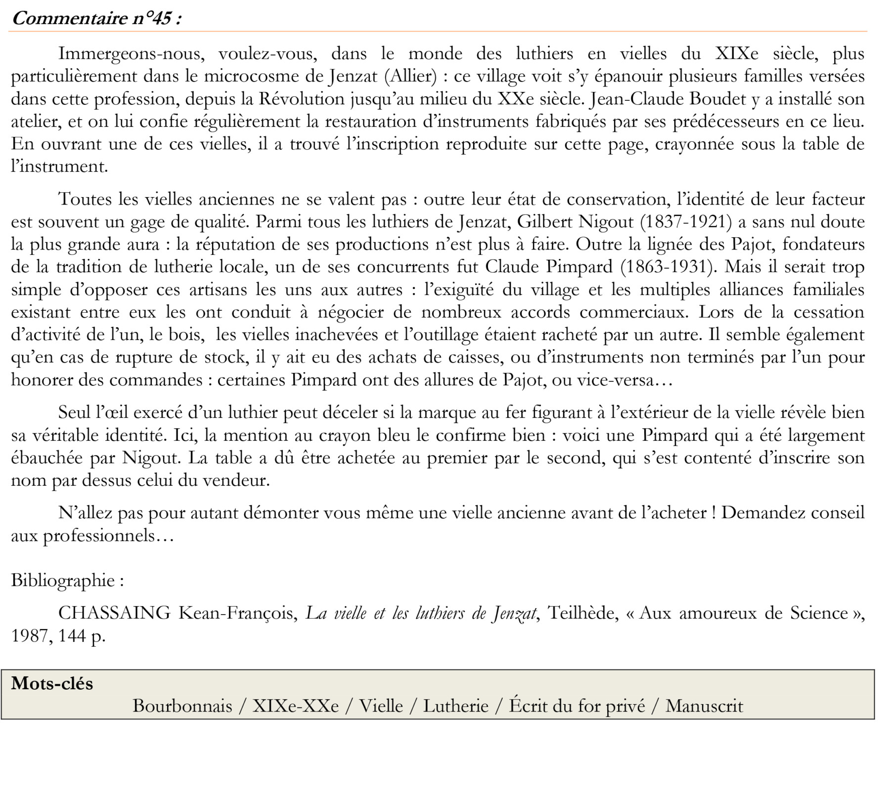 PDM45 – Nigout ou Pimpard ?, Bourbonnais, XIXe siècle