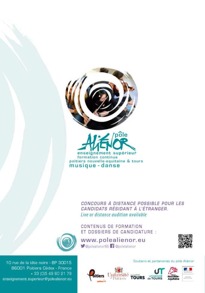 Concours d’entrée du cycle universitaire proposé par le Pôle Alienor (Poitiers-Tour) dans le domaine des musiques traditionnelles et qui aboutit au Diplôme National Supérieur Professionnel de Musicien (DNSPM).